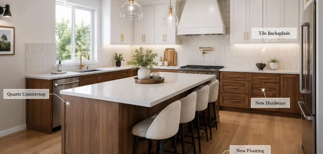 Custom kitchen cabinets Toronto home with white shaker doors and a quartz island